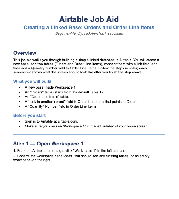 Thumbnail preview of Airtable linked base job aid